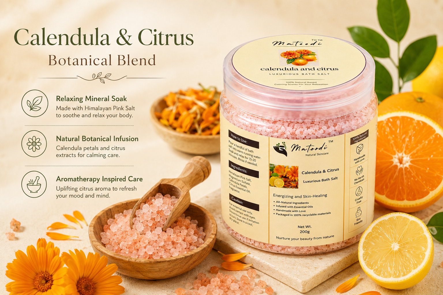 Matoodi Calendula & Citrus Luxurious Bath Salt | Relaxing Botanical Mineral Soak - Image 4