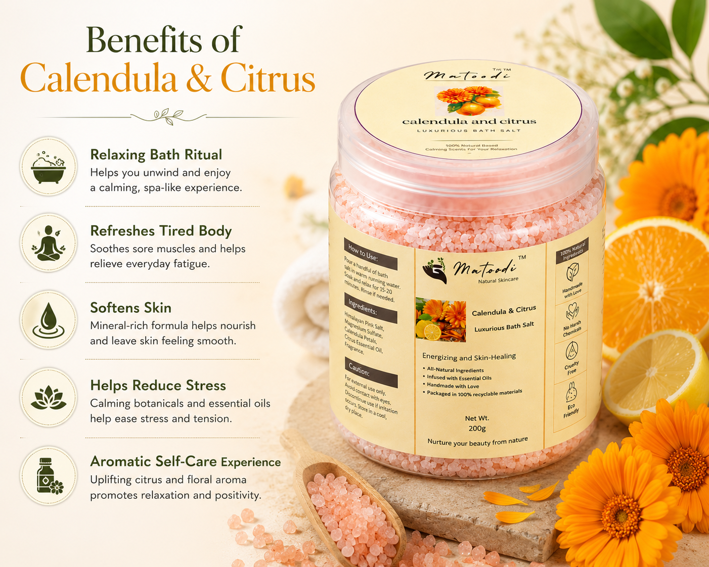 Matoodi Calendula & Citrus Luxurious Bath Salt | Relaxing Botanical Mineral Soak - Image 3