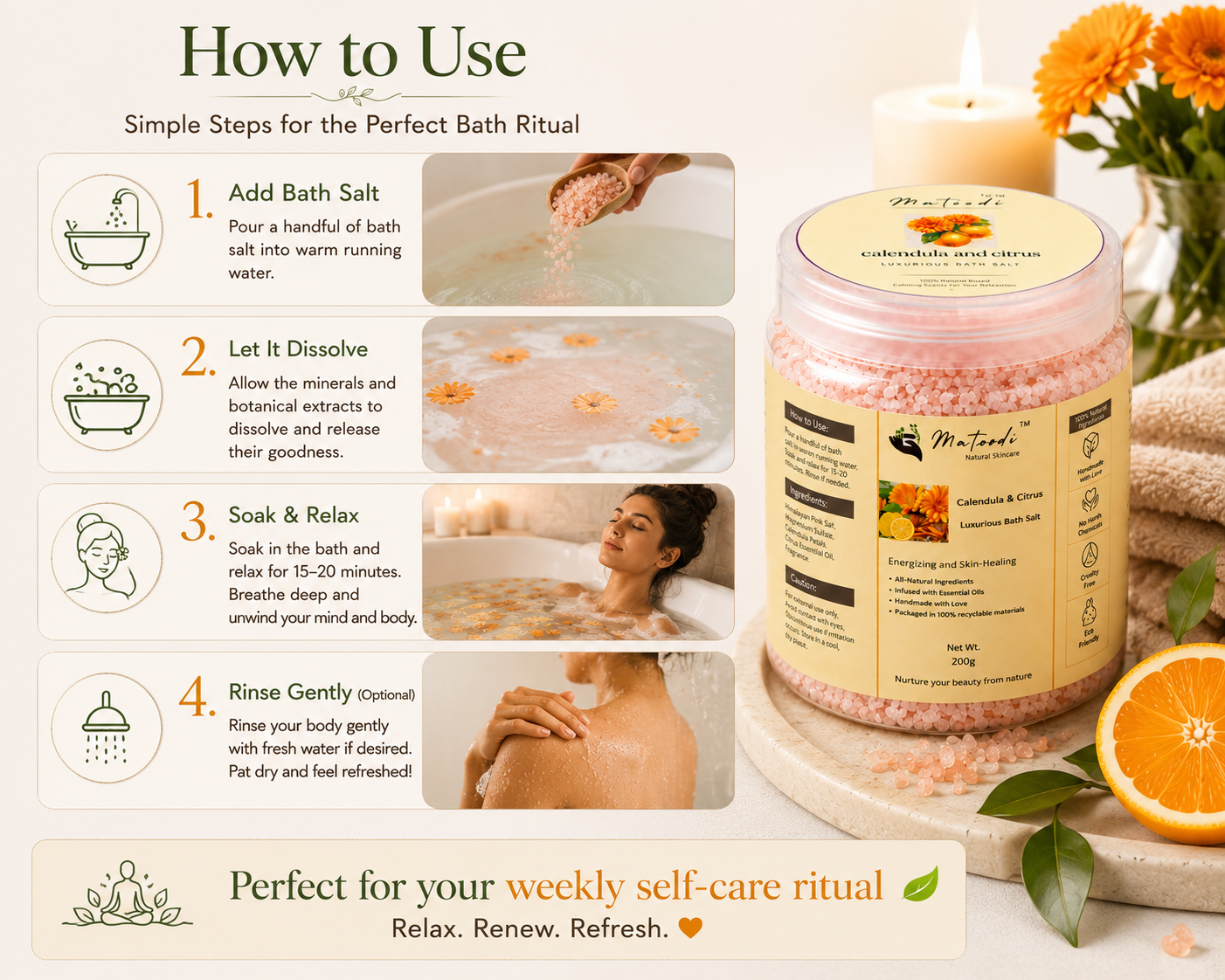Matoodi Calendula & Citrus Luxurious Bath Salt | Relaxing Botanical Mineral Soak - Image 5