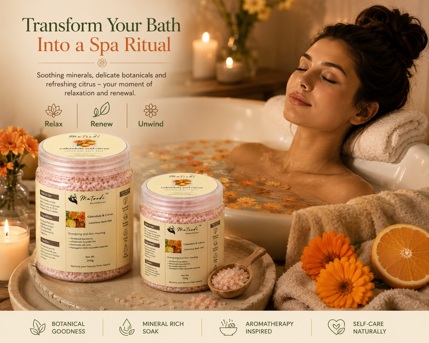 Matoodi Calendula & Citrus Luxurious Bath Salt | Relaxing Botanical Mineral Soak - Image 6